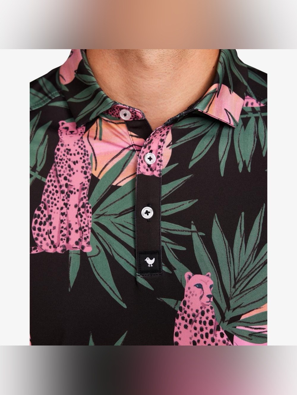 Bad Birdie Cheetah Tropical Golf Polo Men’s L Black Pink Performance Shirt - Picture 3 of 11